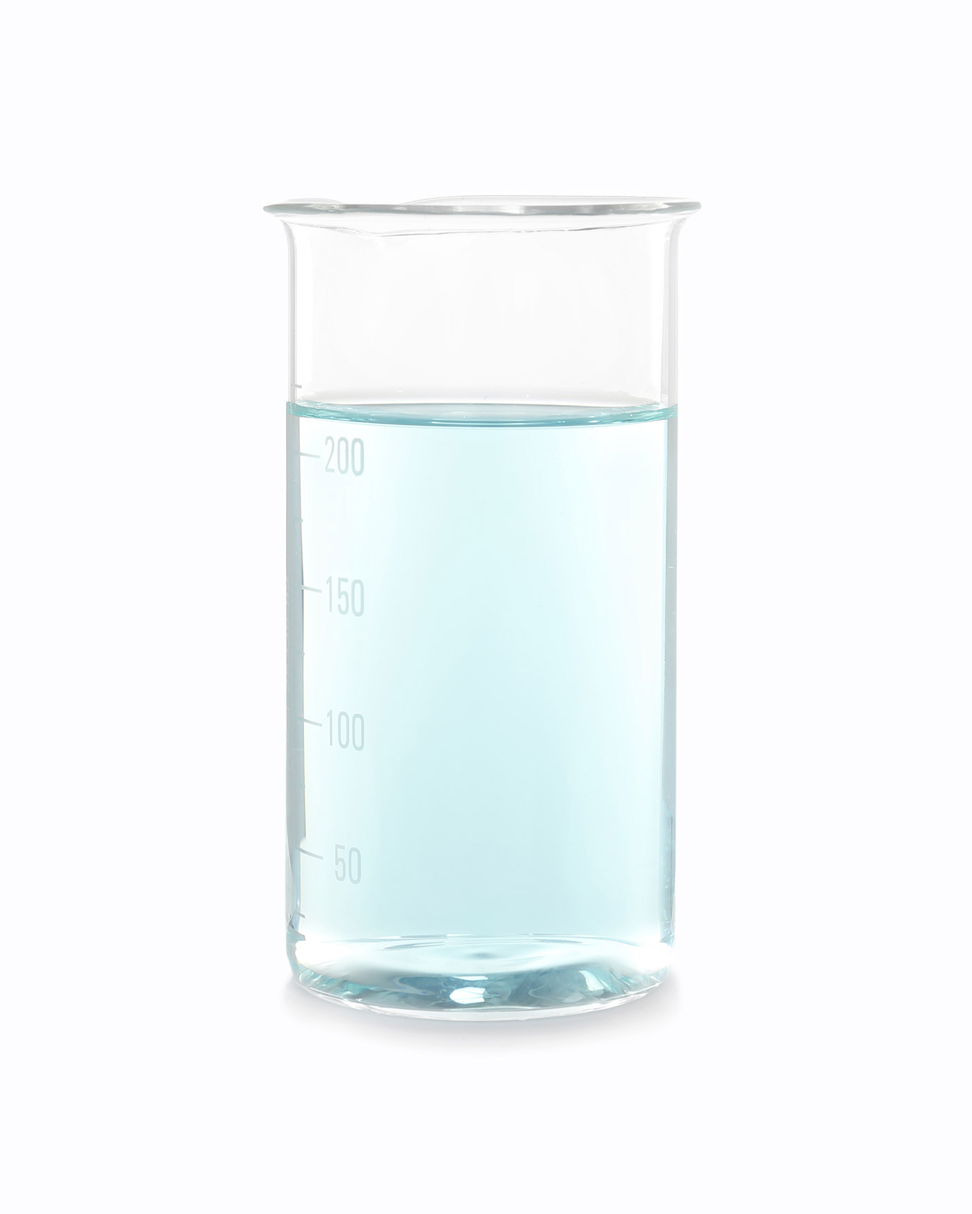 Glass beaker filled with blue liquid to 3 quarters full